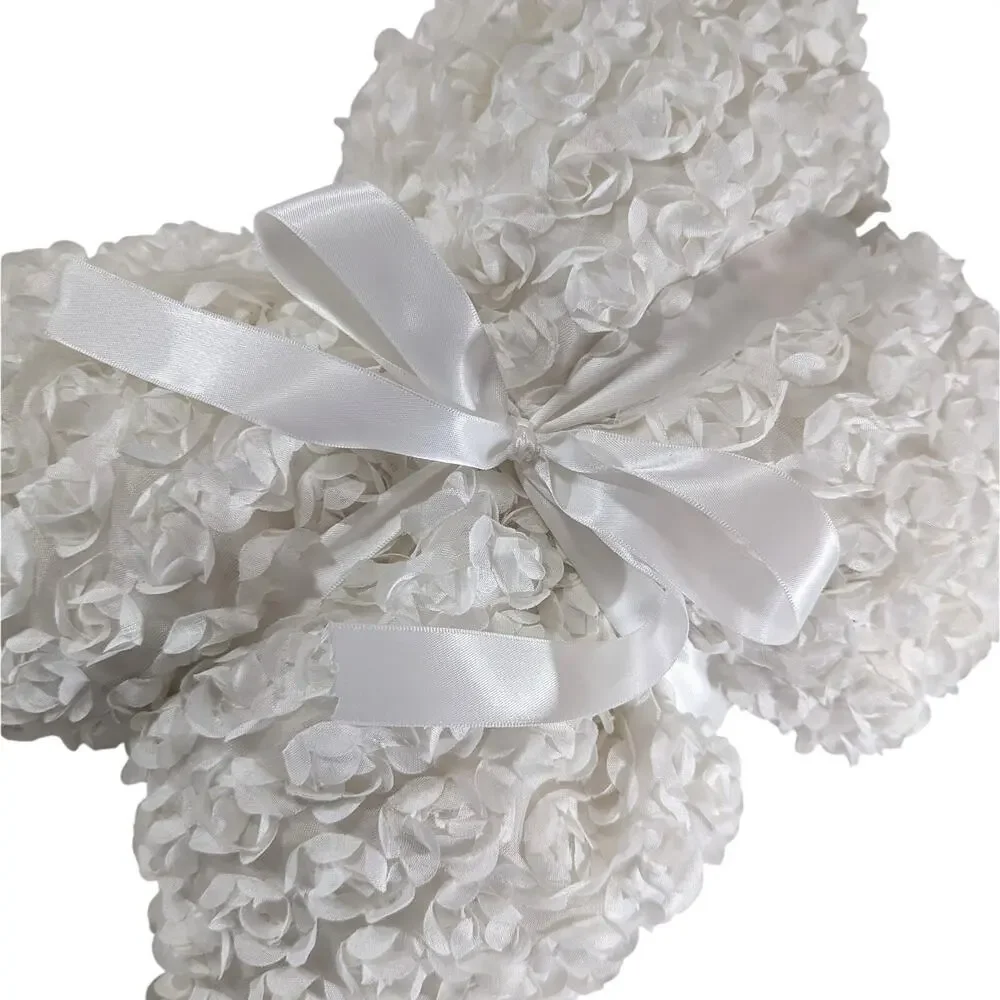 LUSH DECOR! CREAM RIBBON EMBROIDERED POUFY ROSETTES PLUSH SHOWER CURTAIN!